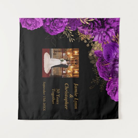 Aangepaste Paarse bloemenbruiloft Jubileum tapijt Wandkleed (Voorkant (horizontaal))