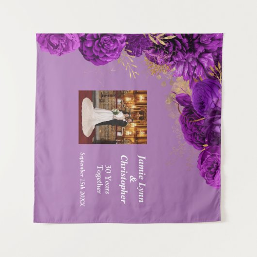 Aangepaste Paarse bloemenbruiloft Jubileum tapijt Wandkleed (Voorkant (horizontaal))