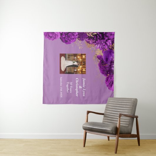 Aangepaste Paarse bloemenbruiloft Jubileum tapijt Wandkleed (In Situ (horizontaal))