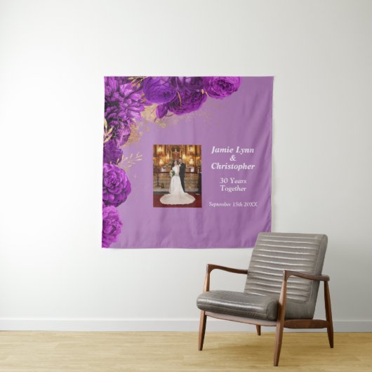 Aangepaste Paarse bloemenbruiloft Jubileum tapijt Wandkleed (In situ)