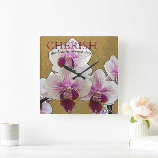 Aangepaste Paarse en witte orchidee-droogpenseel Vierkante Klok (Huis)