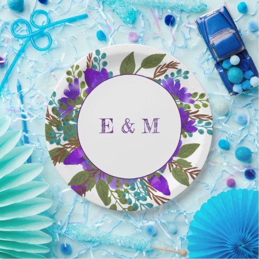 Aangepaste Paarse Floral Wedding Papieren Bordje (Feest)