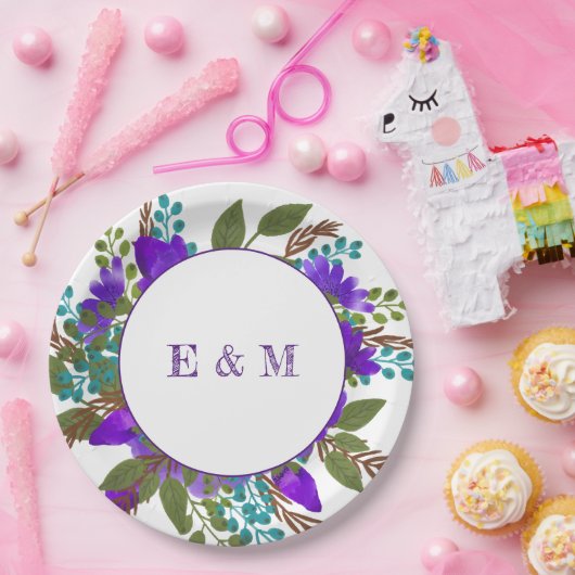 Aangepaste Paarse Floral Wedding Papieren Bordje (Feest)