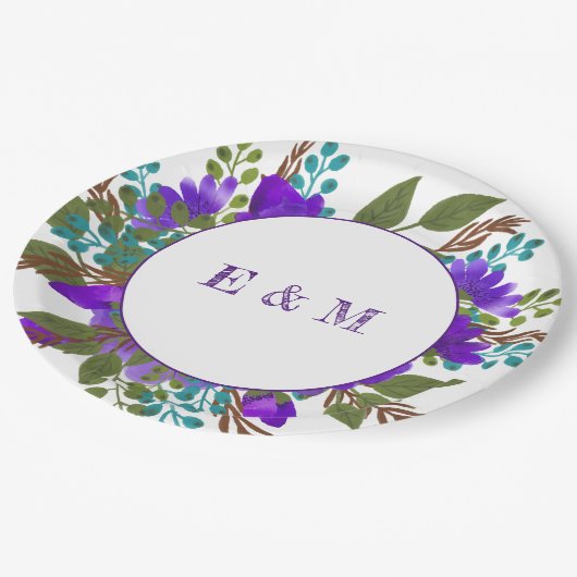 Aangepaste Paarse Floral Wedding Papieren Bordje (Gekanteld)