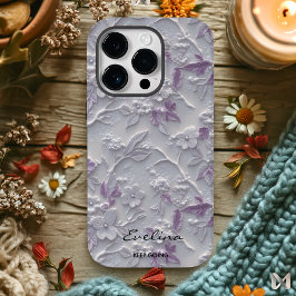 Aangepaste Paarse Geborduurde Bloemen & Inspireren Case-Mate iPhone 14 Pro Hoesje