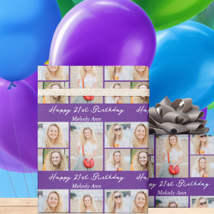 Aangepaste paarse gelukkige verjaardag fotocollage cadeaupapier