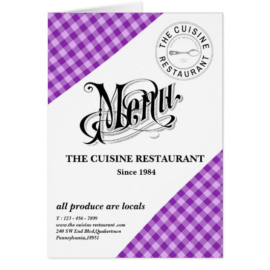 Aangepaste paarse geruite restaurantmenukaart (Voorkant)