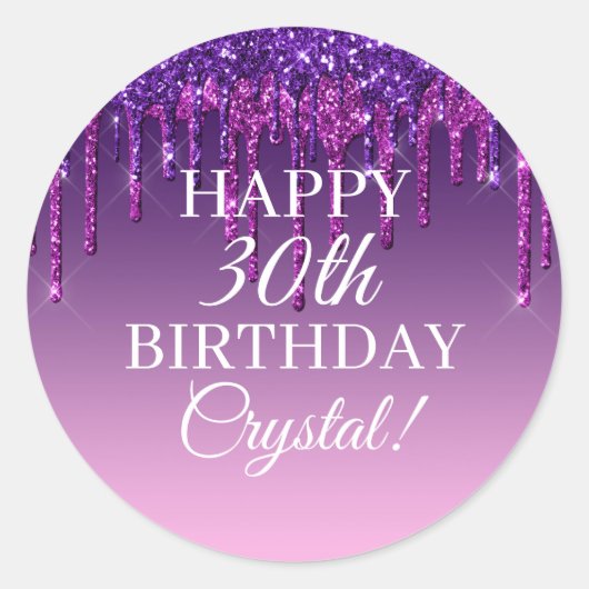 Aangepaste Paarse Glitter Drip Happy Birthday Ronde Sticker (Voorkant)