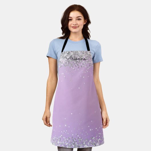 Aangepaste Paarse glitternaam Kitchen Apron Schort (Gedragen)