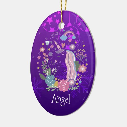 Aangepaste Paarse kerst-unicorn Keramisch Ornament (Links)