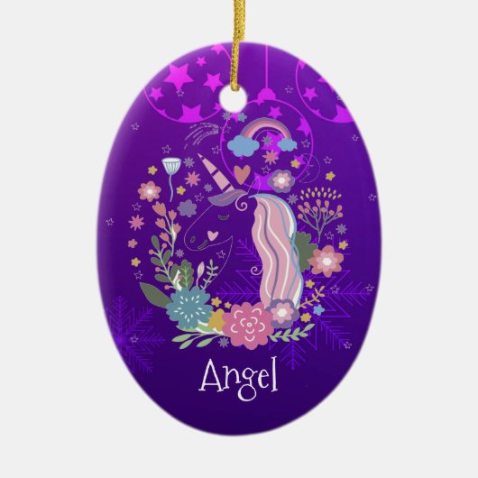 Aangepaste Paarse kerst-unicorn Keramisch Ornament (Voorkant)