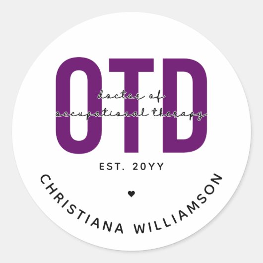 Aangepaste Paarse OTD Doctor in de ergotherapie Ronde Sticker (Voorkant)