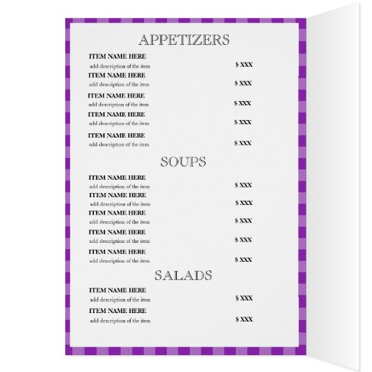 Aangepaste Paarse Pset Restaurantmenukaart (Binnen (Links))