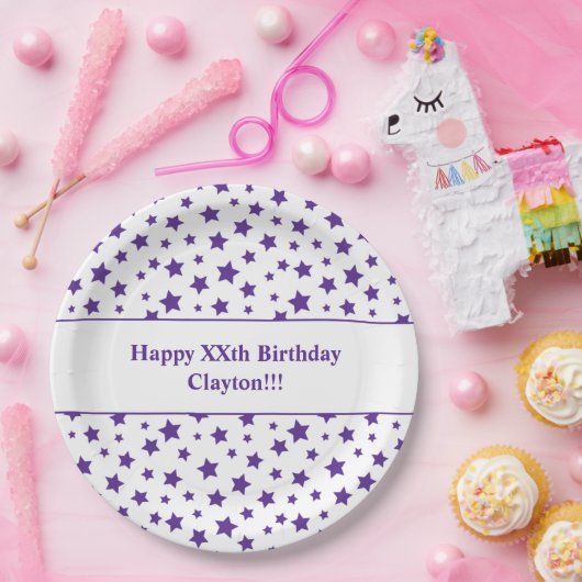Aangepaste Paarse sterren met bericht verjaardagsf Papieren Bordje (Feest)