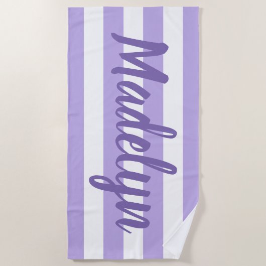 Aangepaste Paarse Striped Script-naam Strandlaken (Voorkant)