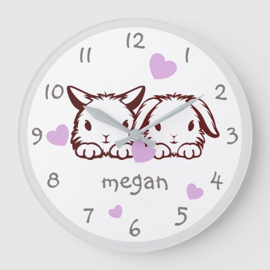 Aangepaste Paarse ursery-wandklok voor Bunny Heart Grote Klok (Voorkant)