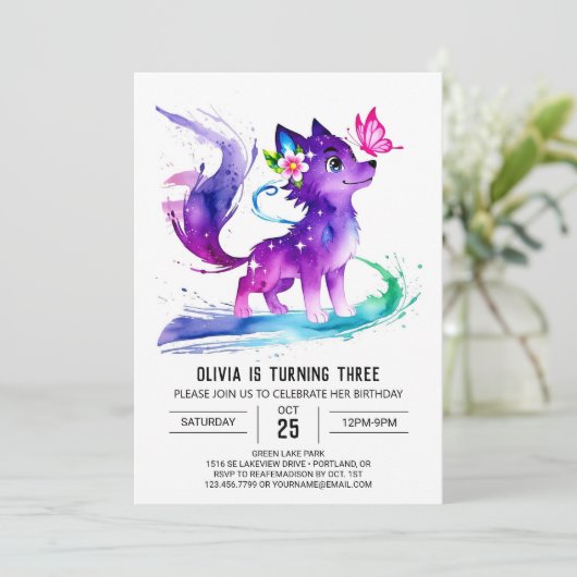 Aangepaste Paarse Wolf Digitale Meisje Verjaardag Kaart (Staand voorkant)