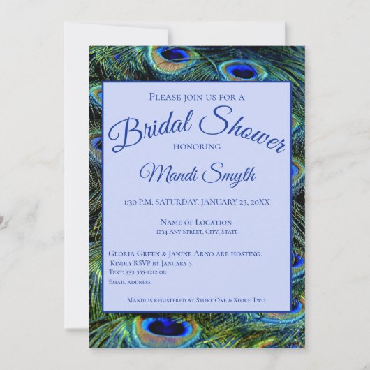 Aangepaste pacock feathers Bridal Shower Invitatio Kaart (Voorkant)