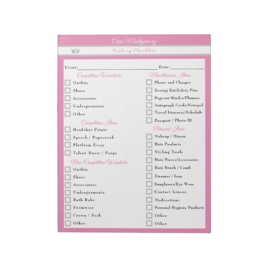 Aangepaste Pageant Packing Checklist voor Pageants Notitieblok (Linkerzijde)