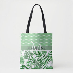 Aangepaste Palm Leafs Witte Polka Dots Patroon Tote Bag
