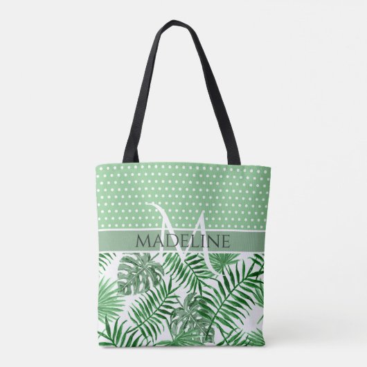Aangepaste Palm Leafs Witte Polka Dots Patroon Tote Bag (Achterkant)