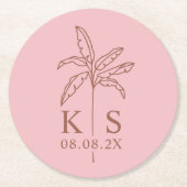Aangepaste Palm Tree Monogram Sla de datum op Logo Ronde Kartonnen Onderzetter (Voorkant)