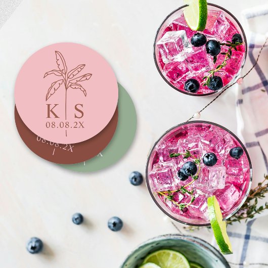 Aangepaste Palm Tree Monogram Sla de datum op Logo Ronde Kartonnen Onderzetter