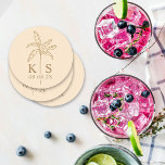 Aangepaste Palm Tree Monogram Sla de datum op Logo Ronde Kartonnen Onderzetter<br><div class="desc">Aangepaste Palm Tree Monogram Sla de datum op Logo rond papier Onderzetter</div>