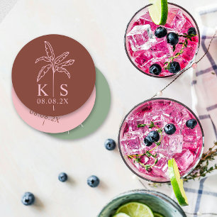 Aangepaste Palm Tree Monogram Sla de datum op Logo Ronde Kartonnen Onderzetter