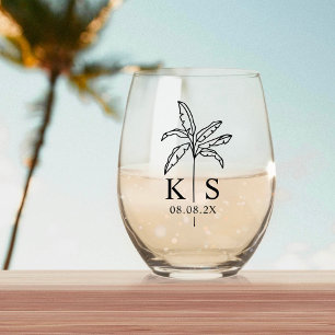 Aangepaste Palm Tree Monogram Sla de datum op Logo Wijnglas Zonder Voet