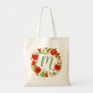 Aangepaste papaver Dadisies Monogram Vloer Wreate Tote Bag
