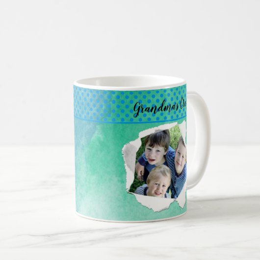 Aangepaste papiergat Foto Blauw Groen Sjabloon Koffiemok (Voorkant rechts)