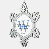 Aangepaste Pas getrouwd monogram blauw Tin Sneeuwvlok Ornament (Rechts)