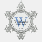 Aangepaste Pas getrouwd monogram blauw Tin Sneeuwvlok Ornament (Voorkant)