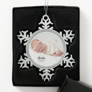 Aangepaste Pasgeboren Keepsake Baby Foto Tin Sneeuwvlok Ornament