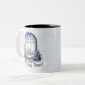 Aangepaste pastel besneeuwde winterscène Seizoensg Tweekleurige Koffiemok (Voorkant links)