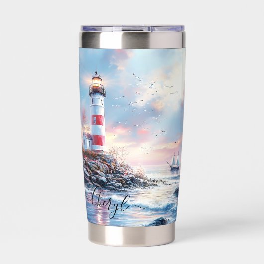 Aangepaste Pastel Horizon en Verlichte Vuurtoren Geïsoleerde Drinkbeker (Voorkant)