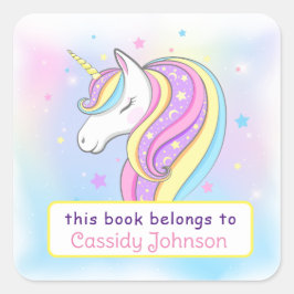 Aangepaste pastel regenboog eenhoorn naam ex libri vierkante sticker