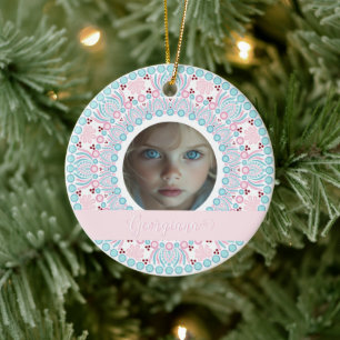 Aangepaste Pastel Roze en Blauwe Mandala Lijst Keramisch Ornament