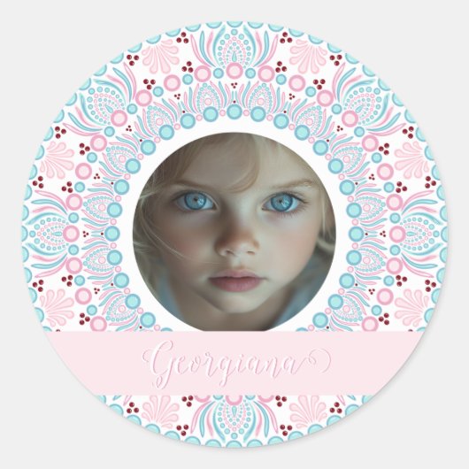 Aangepaste  Pastel Roze en Blauwe Mandala Lijst Ronde Sticker (Voorkant)