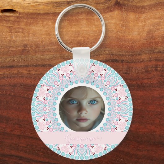 Aangepaste Pastel Roze en Blauwe Mandala Lijst Sleutelhanger (Voorkant)