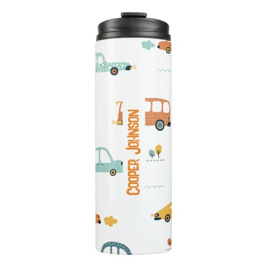 Aangepaste pastelblauwe en oranje automnaam thermosbeker (Voorkant)