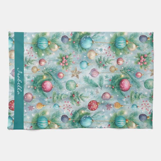 Aangepaste Pastelkerstboom Ornament Holly Berry Theedoek (Horizontaal)