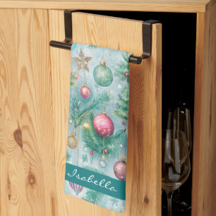 Aangepaste Pastelkleurige Kerstboomornament Hulstb Theedoek