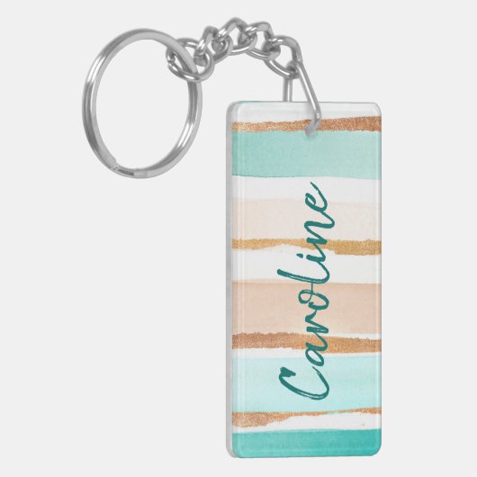 Aangepaste Pastelmunt Groen Goud Glitter Gestreept Sleutelhanger (Voorkant Links)