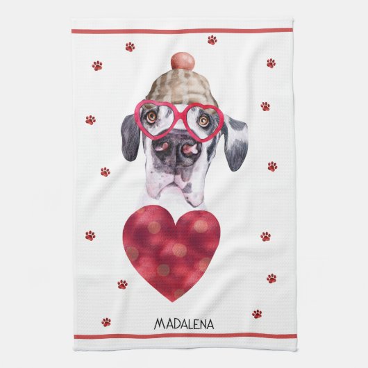 Aangepaste Paws Hond Liefhebber Valentijnsdag Cade Theedoek (Verticaal)