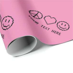 Aangepaste PEACE LOVE HAPPINESS roze pixelfeestdag Cadeaupapier