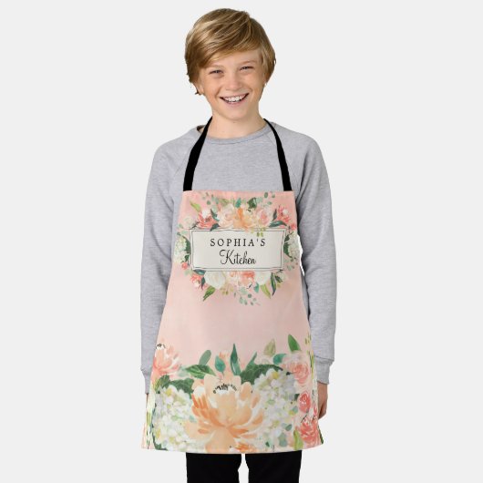 Aangepaste  peach Floral Kitchen Schort (Gedragen)