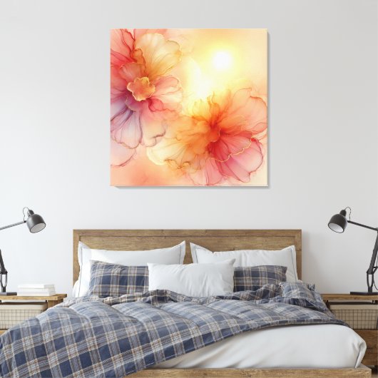 Aangepaste Peach Raspberry Bloemen Alcohol Inkt Ar Canvas Afdruk (Insitu (Slaapkamer))