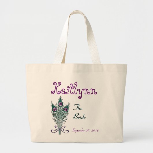 Aangepaste Peacock Feather Blauwgroen Paars Bride Grote Tote Bag (Voorkant)